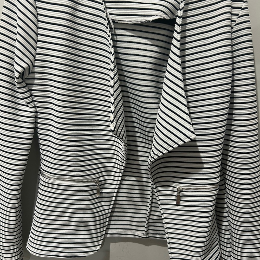 Black and White Striped Blazer with Draped Lapels